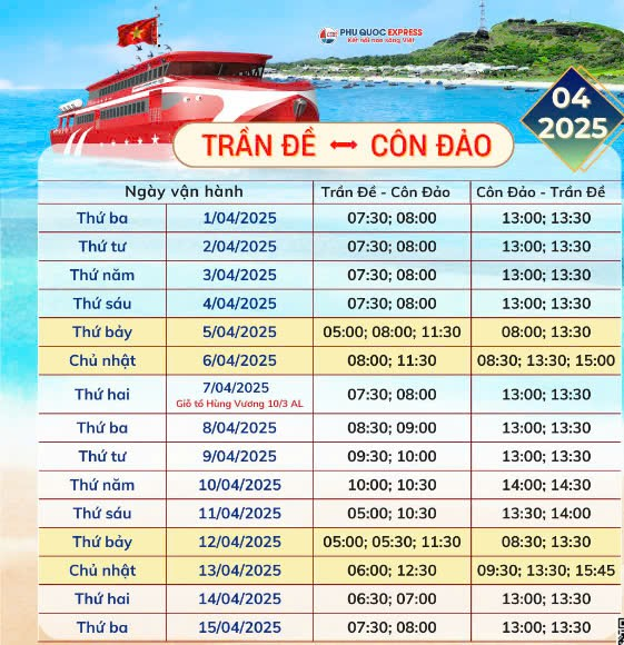 Thông Báo: Lịch Tàu Trần Đề - Côn Đảo 4/2025