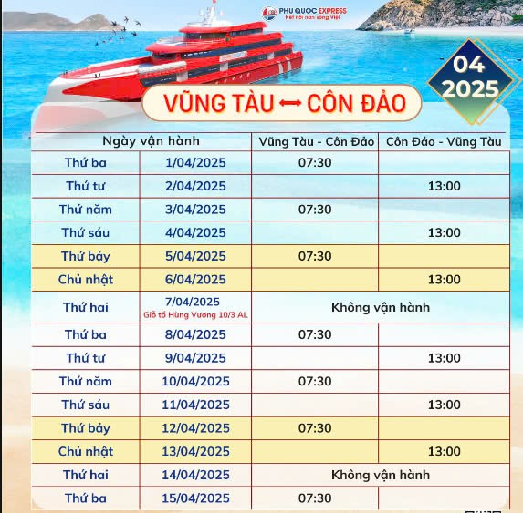 Thông báo lịch tàu Vũng Tàu - Côn Đảo tháng 4/2025